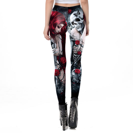 Women's Skull Printed Leggings Soft Halloween Stretchy Pants Retro Leggings Comic Cosplay Punk Print Polyester Gothic Trousers Capris Pants S-XL